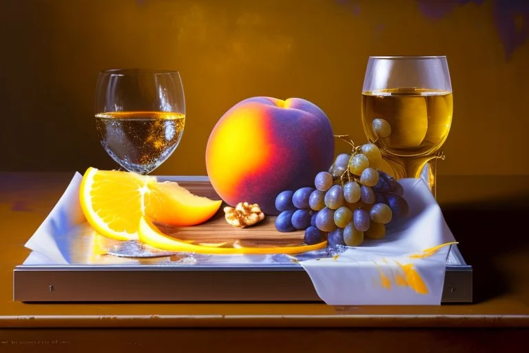 Create a masterpiece an oil painting on cracked canvas: of a Gleaming melting chrome serving tray with spent wine, partially decayed grapes, peaches, oranges, lemon's, walnuts, discarded dry stale bread and mouldy cheese, cloth draped over an old wooden ultra textured table, ultra-realistic portrayal, 8k resolution, rich cool tones, intricate textures, reflections, flawlessly polished exteriors, rule of thirds futuristic concept art of a still life Masterpiece. Modifiers: trending on Artstation