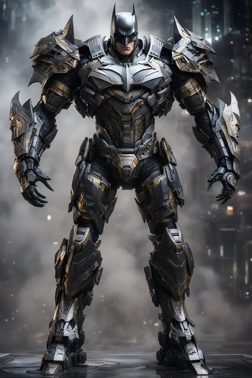 Fullbody photography front view of a Batman mech in transformative style, his metallic skin gleaming with intricate textures and intricate details, captured in an ultra-realistic style that blurs the lines between reality and imagination, cosmic background