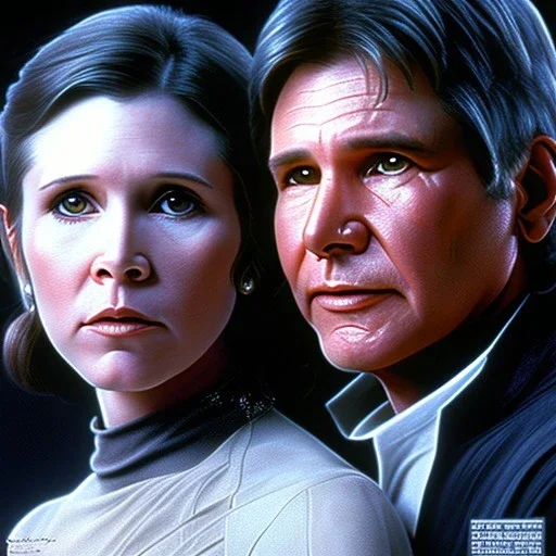 old carrie fisher embracing harrison ford, waist up portrait, photorealistic faces, intricate, oil on canvas, masterpiece, expert, insanely detailed, 4k resolution, cinematic smooth, intricate detail , soft smooth lighting, soft pastel colors,