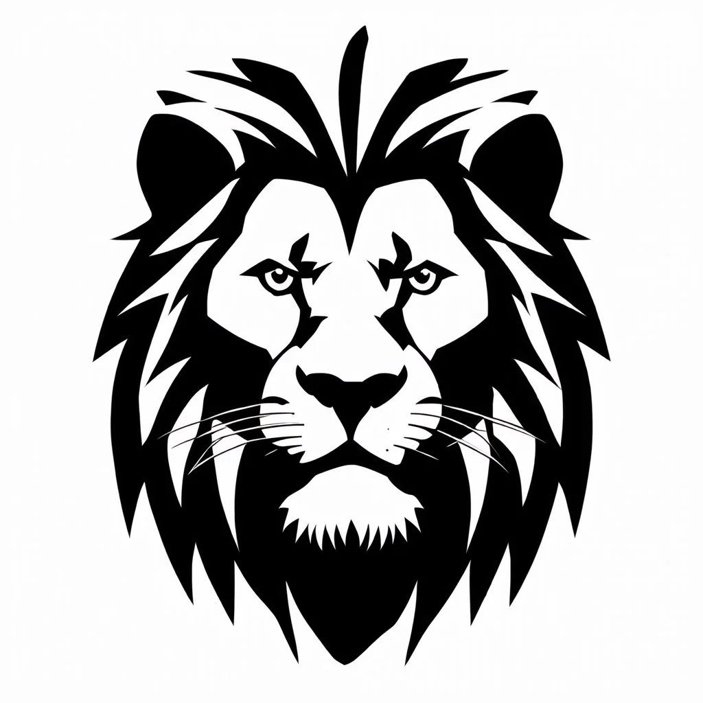front facing lions face, black and white simplified vector logo