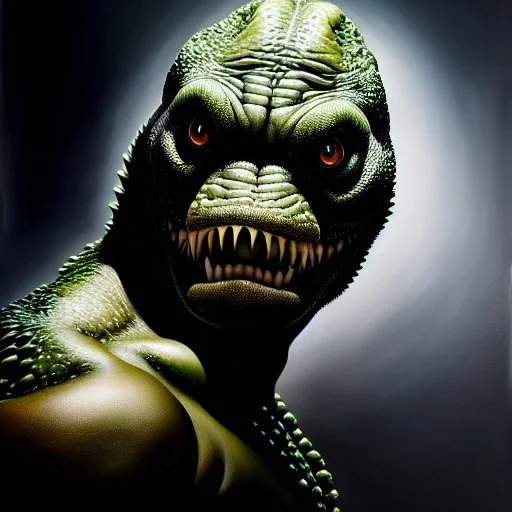 Ultra detailed fullbody Portrait in oil on canvas of Killer Croc villain,extremely detailed digital painting,extremely detailed face,crystal clear Big eyes, mystical colors ,perfectly centered image, perfect composition, rim light, beautiful lighting,masterpiece,8k, stunning scene, raytracing, anatomically correct, in the style of robert e howard and Ken Kelley and Ohrai Noriyoshi and Simon Bisley and tomzj1