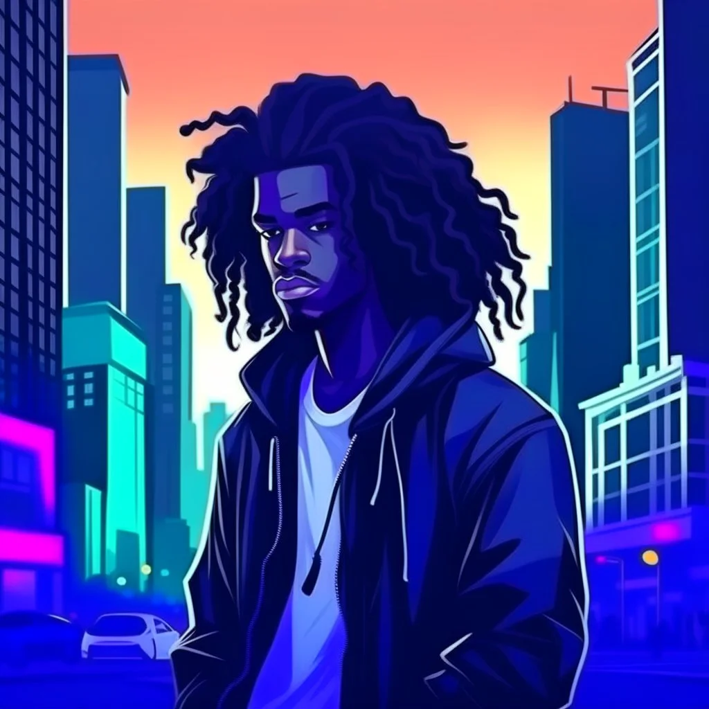 illustration art style black man long curly hair indoor background city