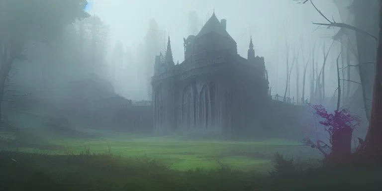 Ruined overgrown castle deep in a misty forest, light rays