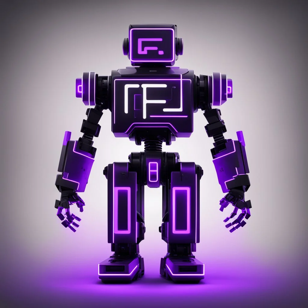 black and purple neon geometric bipedal robot with no arms that has a plus sign symbol for the 'eye' in a black monochrome world