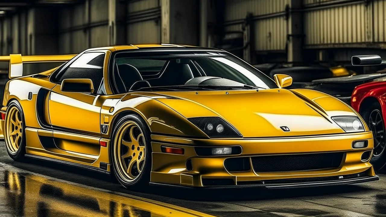 yellow sport car, big wheels, old model, honda NSX influence