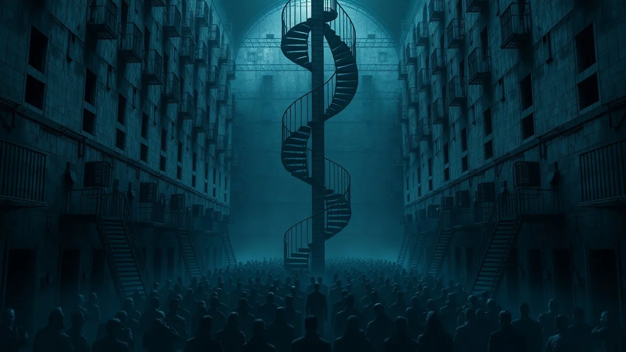 Many Stairs between walls and buildings in bleak prison, in center a big vertical spiral staircase the end of which cannot be seen, underneath many black human silhouette, dark blue and gray colors, cold, grim vibe, high detailed, surreal, dark, cinematic