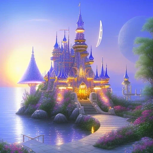 landscape of summer tropical ambient beutiful castle white gold and neon lights bright and colorful bright gloss effect of a futuristic house,like spaceship, natural round shapes concept, large transparent view of the open outdoor garden,sea beach at sunset, gold crystals,with light pink, flowers of Lotus, beutiful pools, light of sun , palmiers,cerisiers en fleurs, wisteria, sun , stars, small waterfalls