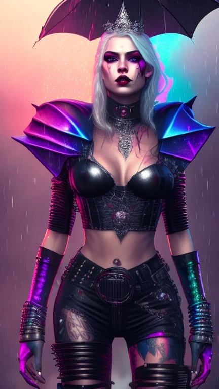 Harley Queen, violent, high delicate defined details, beautiful, atmospheric, rain, matte, 3 d 8 k octane rendered, sharp focus, illustration, holographic undertones, high detail, ultra realistic, highly saturated colors