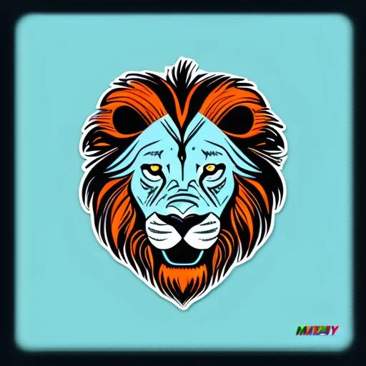 A sticker design in a minimalistic style featuring a caricature lion in vivid colors. The subject is presented alone on a neutral background.