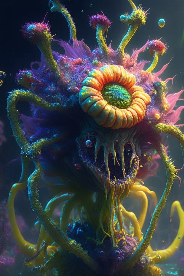 Slimy clown flower creature alien,FHD, detailed matte painting, deep color, fantastical, intricate detail, splash screen, complementary colors, fantasy concept art, 32k resolution trending on Artstation Unreal Engine 5