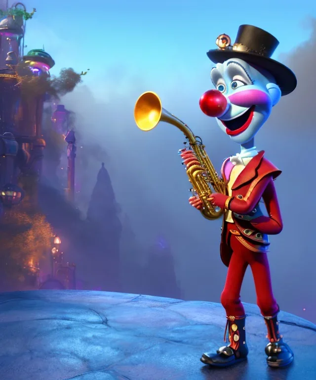 mechanoid clown playing jazz with a steampunk theme, trumpet, realistic