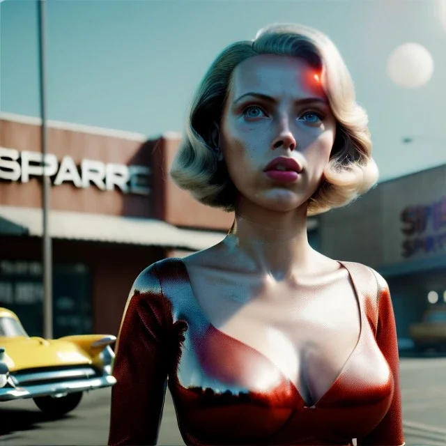 Ultra Realistic retro sci-fi afire Supermarket parking scene, 1960 year, blonde woman, sweet scarlet Johansson face, perfect iris, glow eyes, face makeup, tight latex coat; many panic people looking, Retro sci-fi style, soft color, highly detailed, unreal engine 5, ray tracing, RTX, lumen lighting, ultra detail, volumetric lighting, 3d, finely drawn, high definition, high resolution.