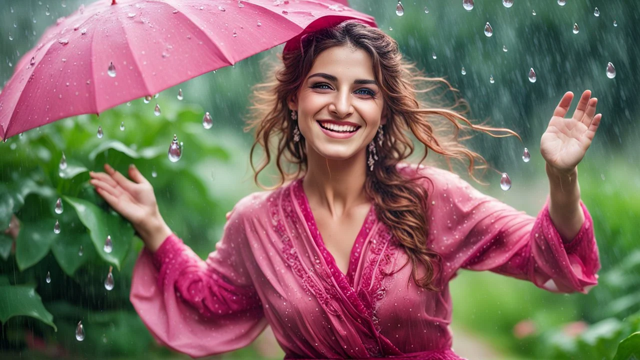 Hyper Realistic detailed Photographic-Close-Face-view of a happy smiling young beautiful Pashto woman happily-enjoying-&-whirling in rain with rain droplets on her beautiful face & wet hair, wearing-pink-dress-&-maroon-embroidery in a green-garden at rainy-day with cloudy-weather showing dramatic & cinematic ambiance.