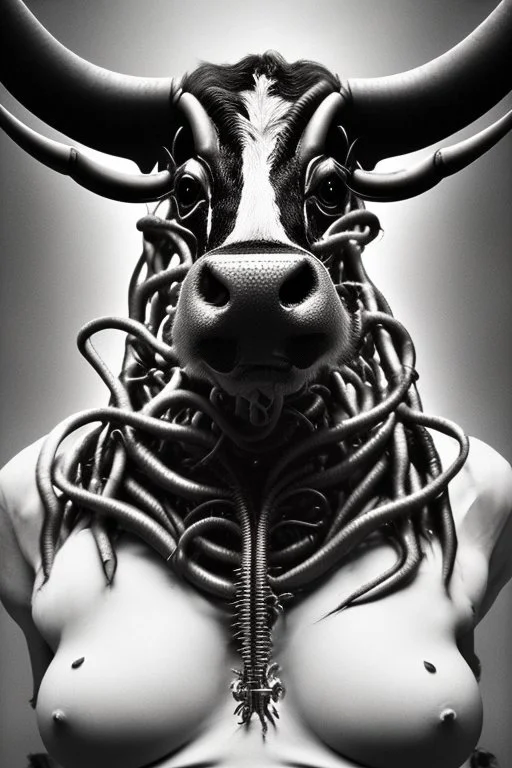 a very insane outrageous portrait of a cow in (H.R giger) style with lots of alien tenticles, being held at gun point in a (grungy toilet)::26, from new york subway, 8k