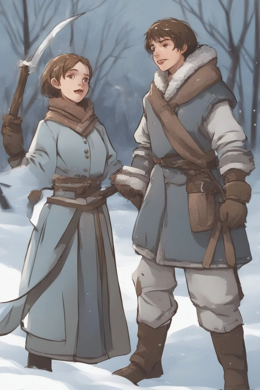 DnD style, two medieval peasant kids playing in the snow, female age 14 and male age 15, happy and playful, he has a short sword. Coats and pants