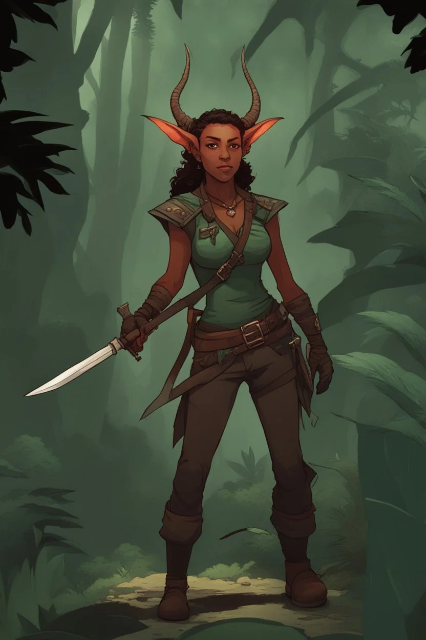 A DnD character. A female horned Tiefling ranger with pointy ears standing in a jungle. The Tiefling has a little pterosaurs on her shoulder and a rapier in her hand.