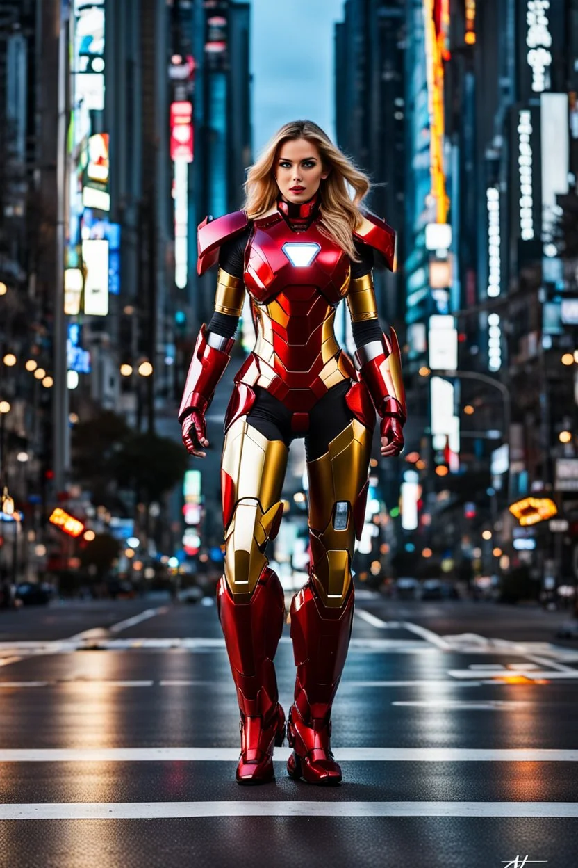 Full body super model pretty girl,good body, big bubs, blonde longer hair,high performance robot costume, iron man robotic suit, woman inside, google sunglasses,black and chrome shining paint, led lights, good A.I. Interpretation, iron man inspiration, Autobots,high definition photo, intrincate details, HD, walk in night city