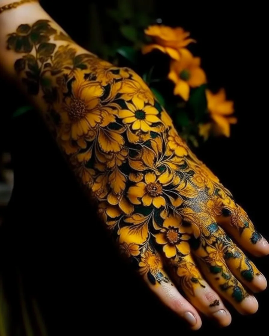 A dark gold garden filled with flowers designed Mehndi design painted by Vincent van Gogh