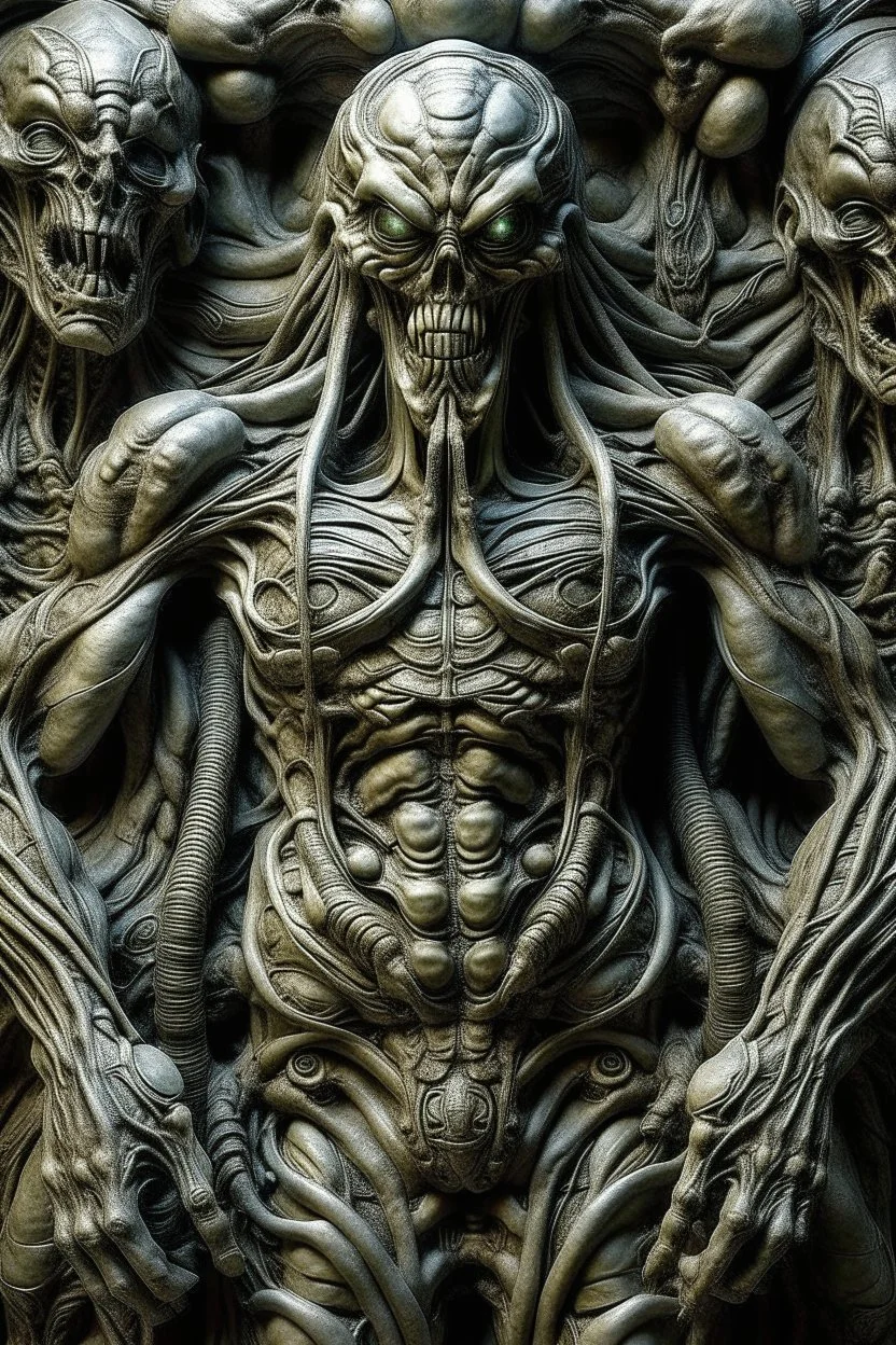 sculpture of Hercules standing , Multiple faces . decayed and rotting with grotesque proportions and imagery. abstract grotesqueries, detailed texture, surreal horror, biomechanical design, by hr giger and beksinski