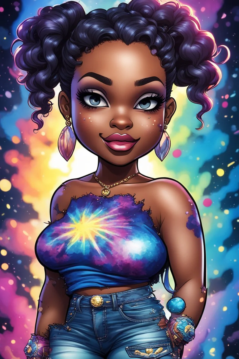 vibrant psychedelic comic book image, airbrush, 48k, cartoon art of a chibi curvy black female wearing torn jeans pants and a sapphire tie dye off the shoulder blouse. Prominent make up with lush lashes. Highly detailed sleek wavy ponytail