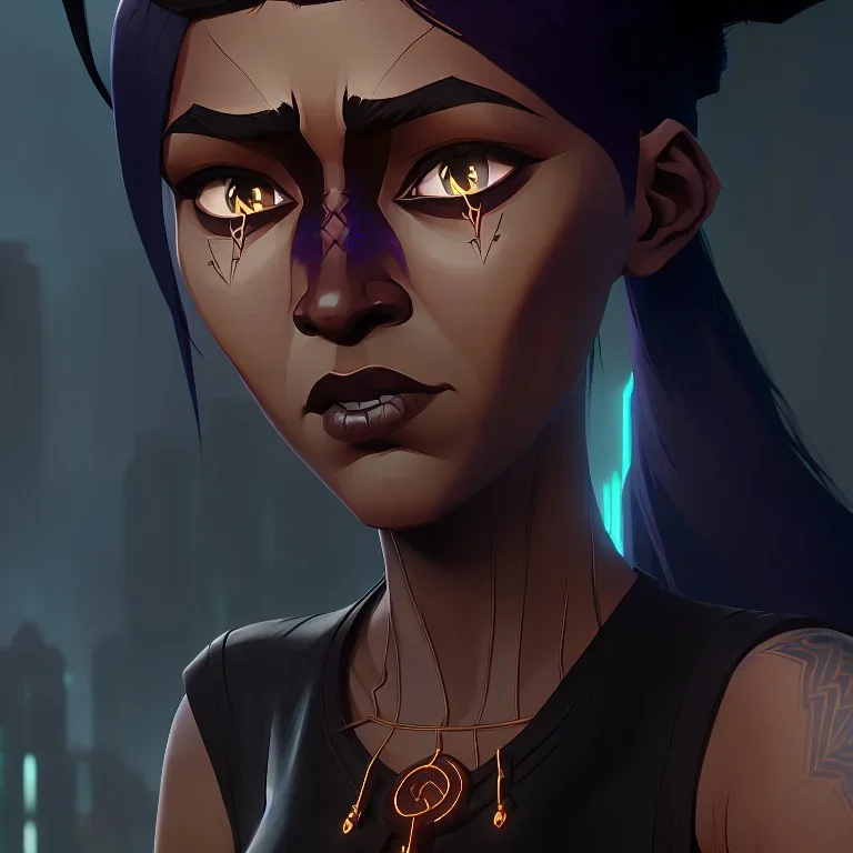 A medium-close-up shot of a black-haired tribal woman with horns standing on a sidewalk in a cyberpunk city. The woman only has one head, but also a gentle smile.