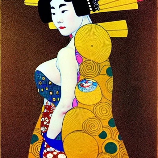 Retrato de cuerpo entero de una Geisha bella voluptuosa vestida estilo de Gustav Klimt