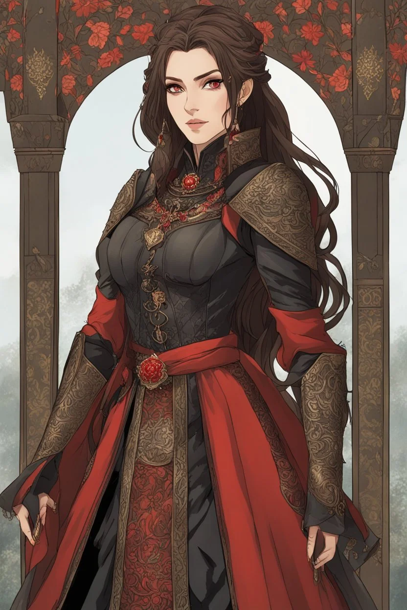 A (((beautiful woman with long, brown hair and red eyes))), in the Witcher universe, anime style, highly detailed, representing a (((royal medieval concubine))), clad in intricate ((red and black clothes)), set against a (detailed, anime-inspired backdrop)