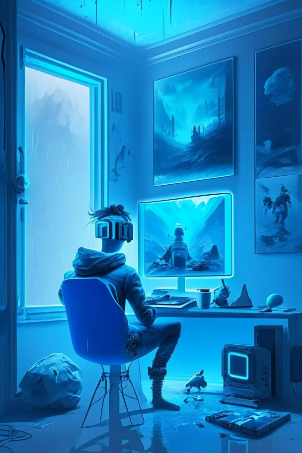 Metaverse artist 3d character seating in front of computer and make something on their screen wear VR Box a blue fog volume light coming from side window realistic interior with lot of technology gadgets some painting and poster on wall.