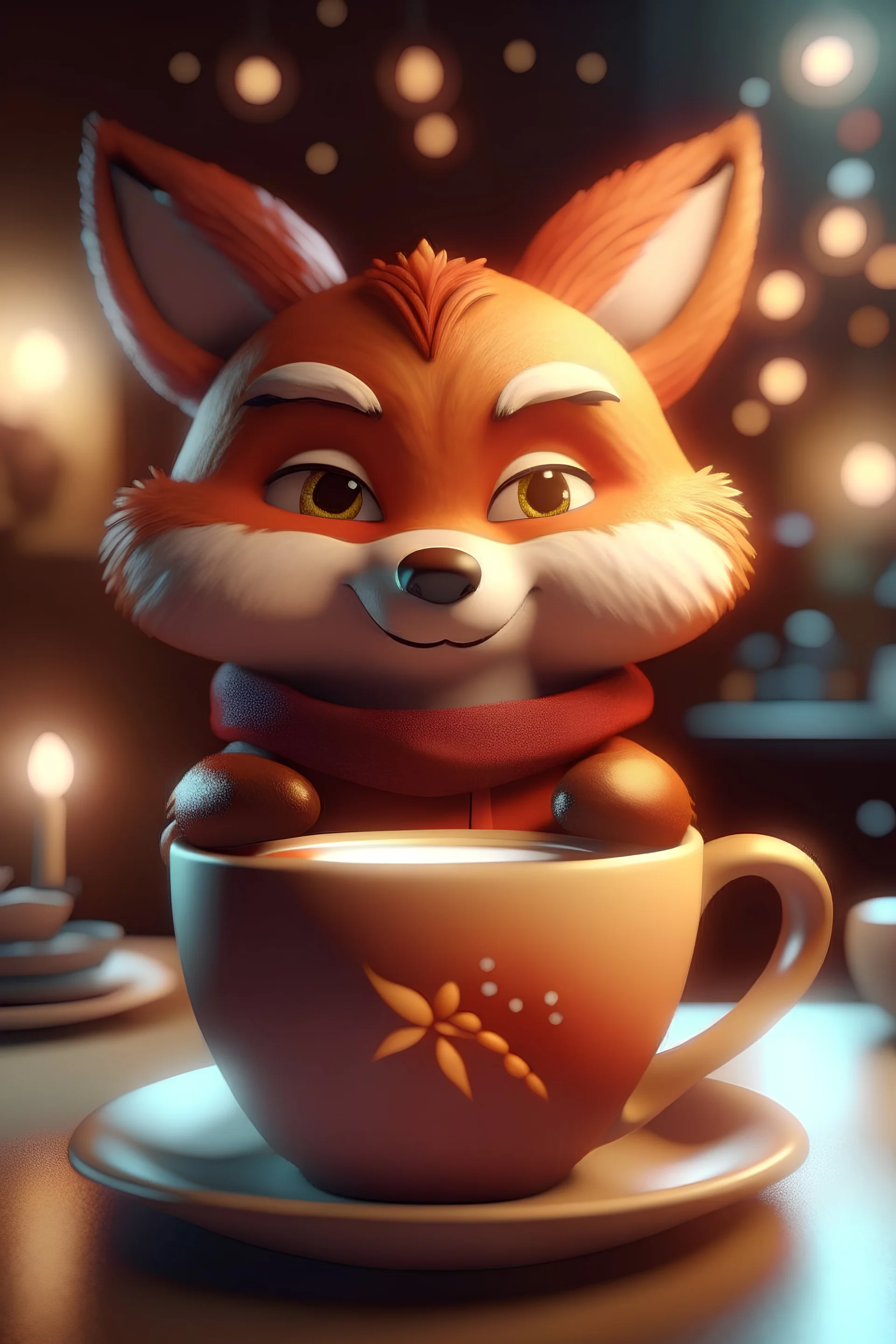 Cute fox holding cappuccino, Christmas atmosphere, finely detailed, 8k