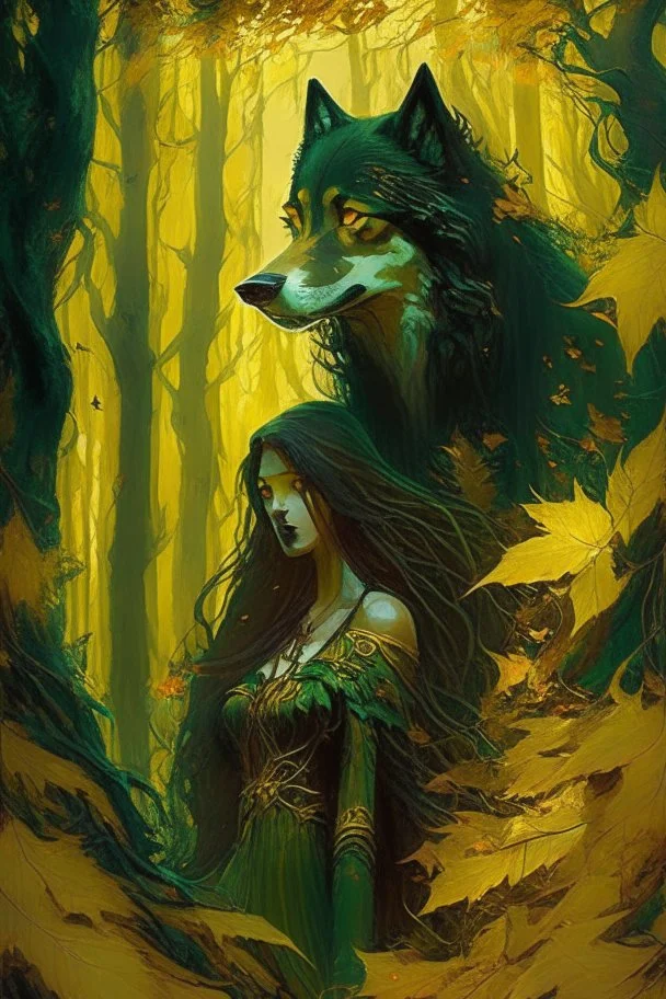 In the heart of a dense and enigmatic forest with towering ancient trees cloaked in emerald, yellow and amber foliage stands an ethereal beauty, her face is perfect, her lustrous hair cascading in ebony waves down to her slender waist in the background just the crimson eyes of a large demonic dog are visible