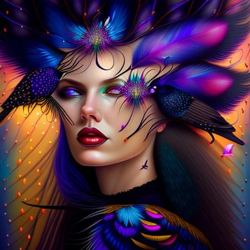 #Leonardai Starling , photorealistic ,pop surreal , lowbrow art ,enchanting portrait of a beautiful mature woman,representing a starling , feathers in her hair ,black and vibrant colors , sweet , magical , cosy warm light , whimsical, alluring , dazzling ,, expressive