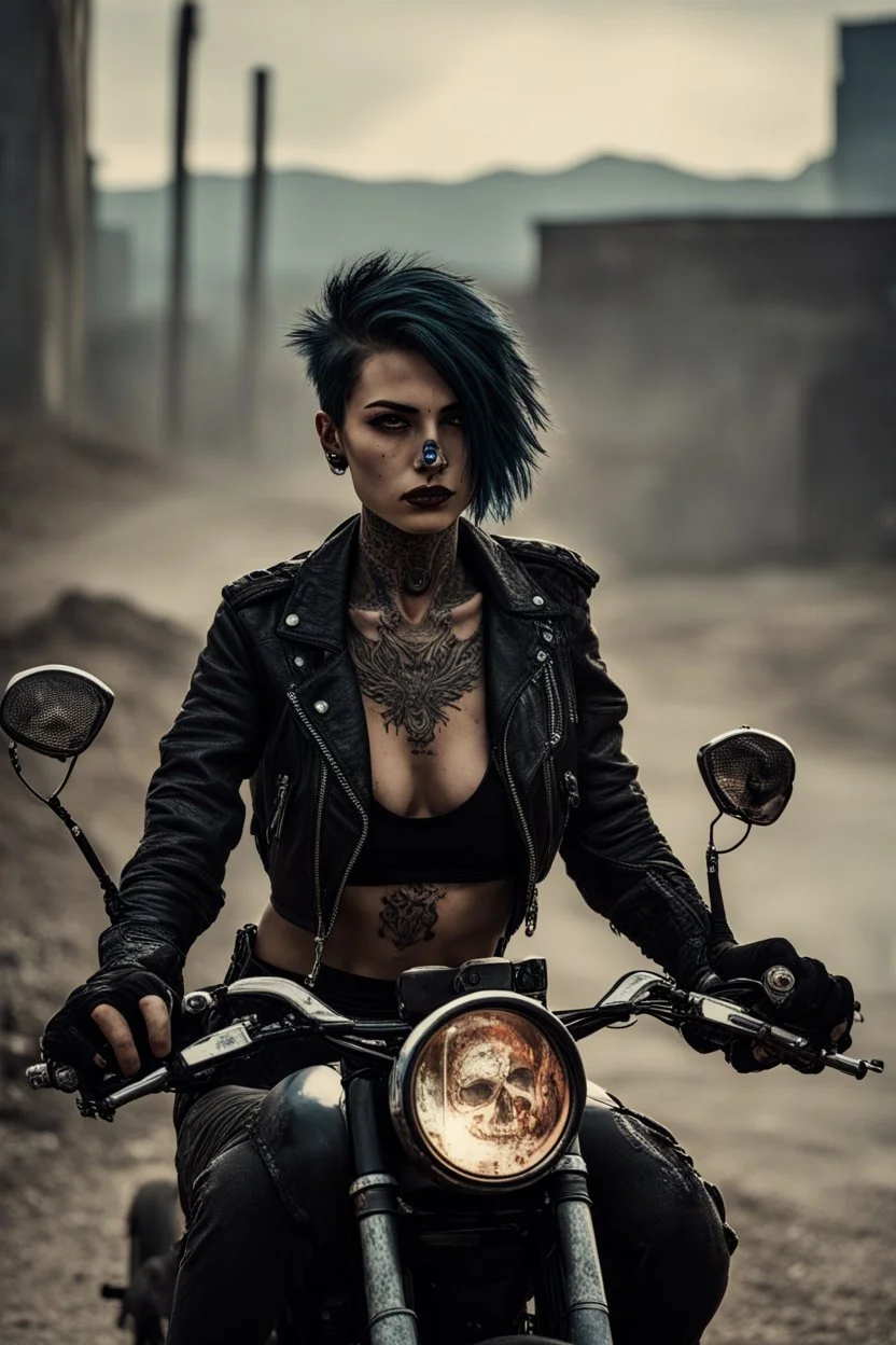 scarred cyberpunk vampire girl with tribal tattoos short cropped cyberpunk hair riding a black cafe racer motorcycle in a post apocalyptic wasteland at 3 am