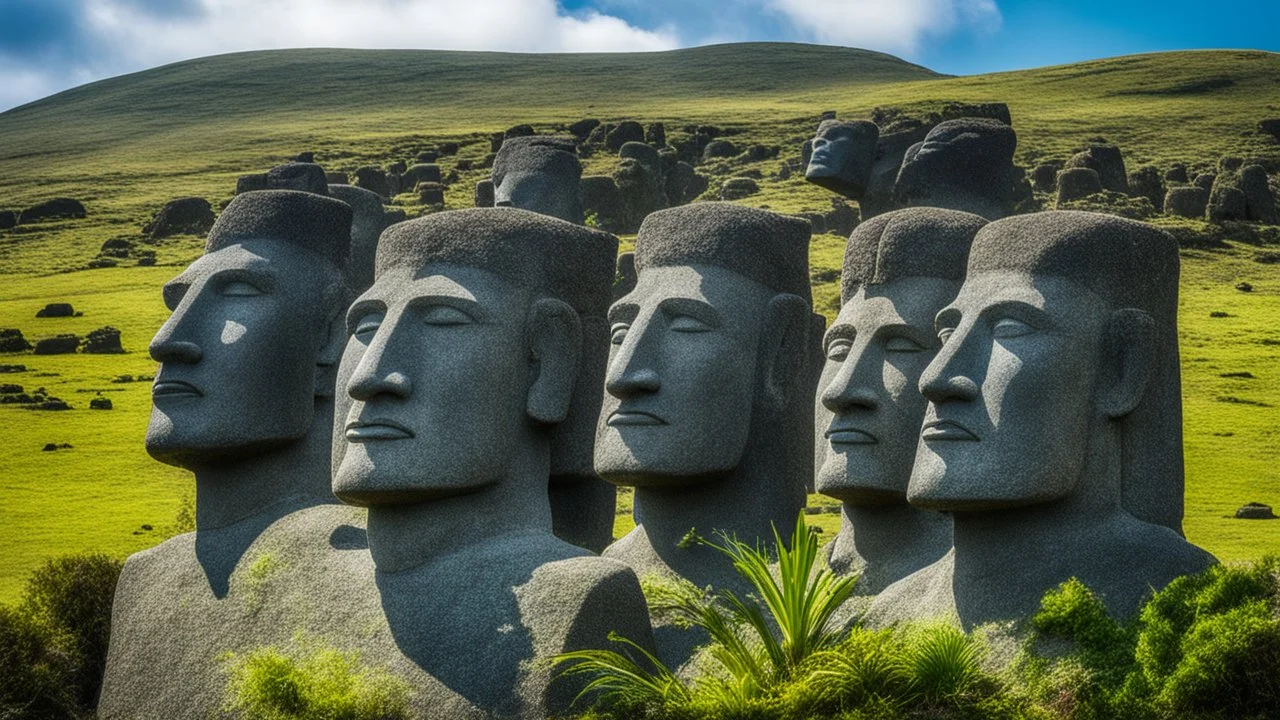 calm beauty, fantasy, magic, splendor, uplifting, inspiring, therapeutic, Easter Island stone statues with faces, some wearing spectacles, some with vegetation beards, mustaches, hair, springtime, sunlight, chiaroscuro, color, award-winning colour photograph, Nikon 135mm, style Disney, style Salvador Dali