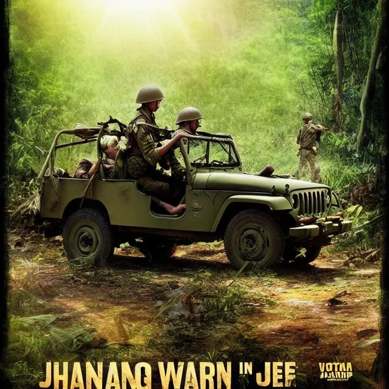 vietnam war. war report. jeep in jungle. poster. bokeh. lens flare. warm lights. high detailed