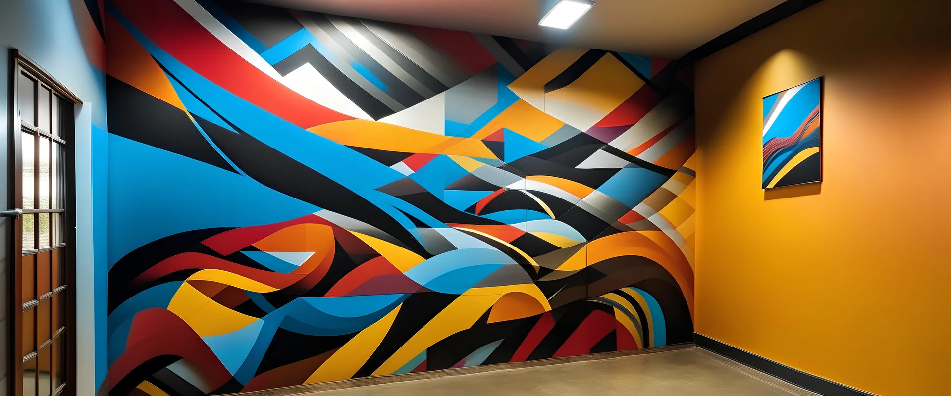 Generate an abstract mural that plays with perception, using shapes to create an illusion of infinity and depth.