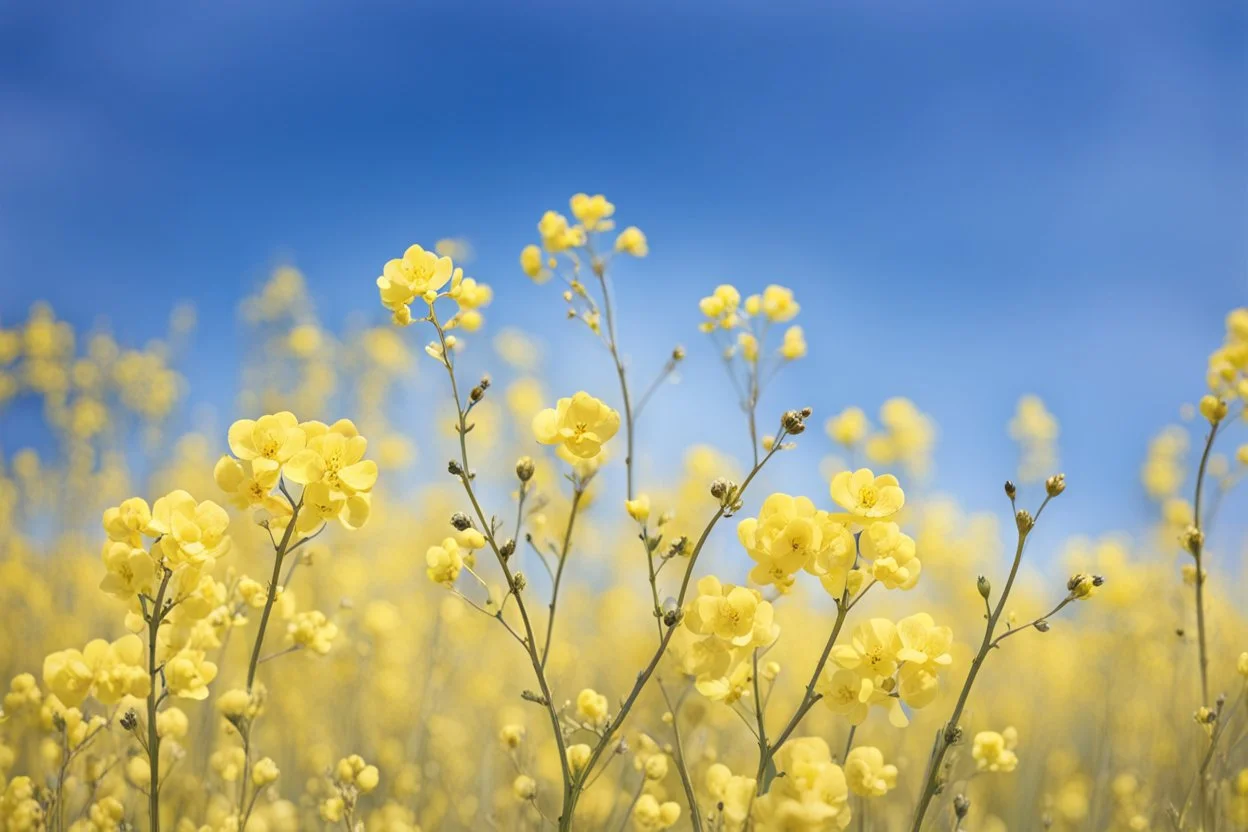 clear blue sky for top half, across Middle is canola flowers with canola stems branches and leaves below, rapeseed sharp focus, realistic