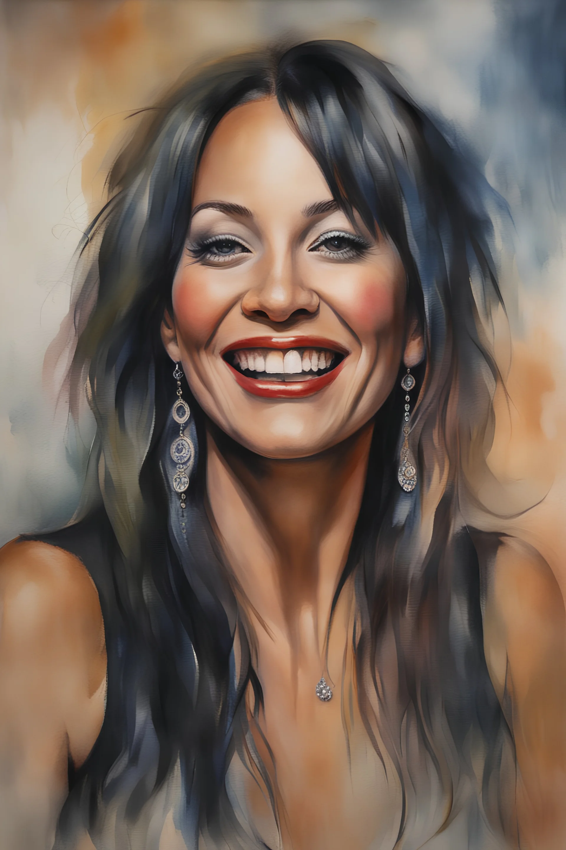 head and shoulders portrait, Miss Motley Crue - well-shaped, perfect figure, perfect face, laughing, a multicolored, watercolor stained, wall in the background, oil painting in the art style of Norman Rockwell, 4k, 8k, 32k UHD, Hyper realistic, extremely colorful, vibrant, photorealistic, realistic, sharp, highly detailed, professional quality, beautiful, awesome, majestic, superb, trending on artstation, pleasing, lovely, Cinematic, gorgeous, Real, Life like, Highly detailed,