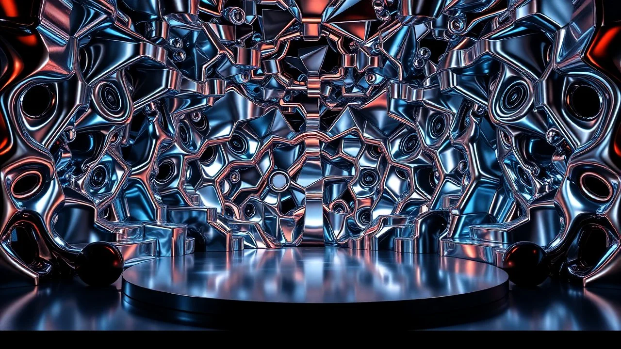a 3D recursive stage structure made of metallic 3d fractal like stuctures, dynamic lights,16 by 9
