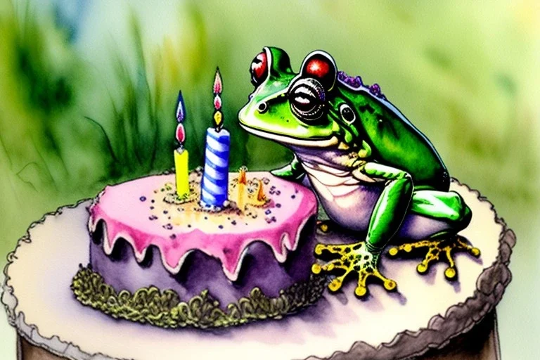 Frog is having a birthday cake. Highly detailed, smooth colours, realistic landscape. Aquarell