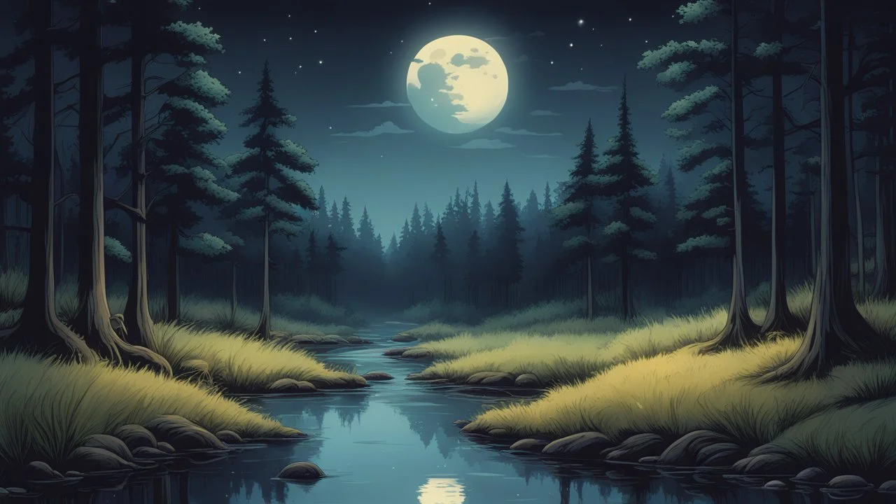 a 16 bit color, beautiful, serene forest scenery, trees, moon, stream, grass, reflection, evening time, darkish night