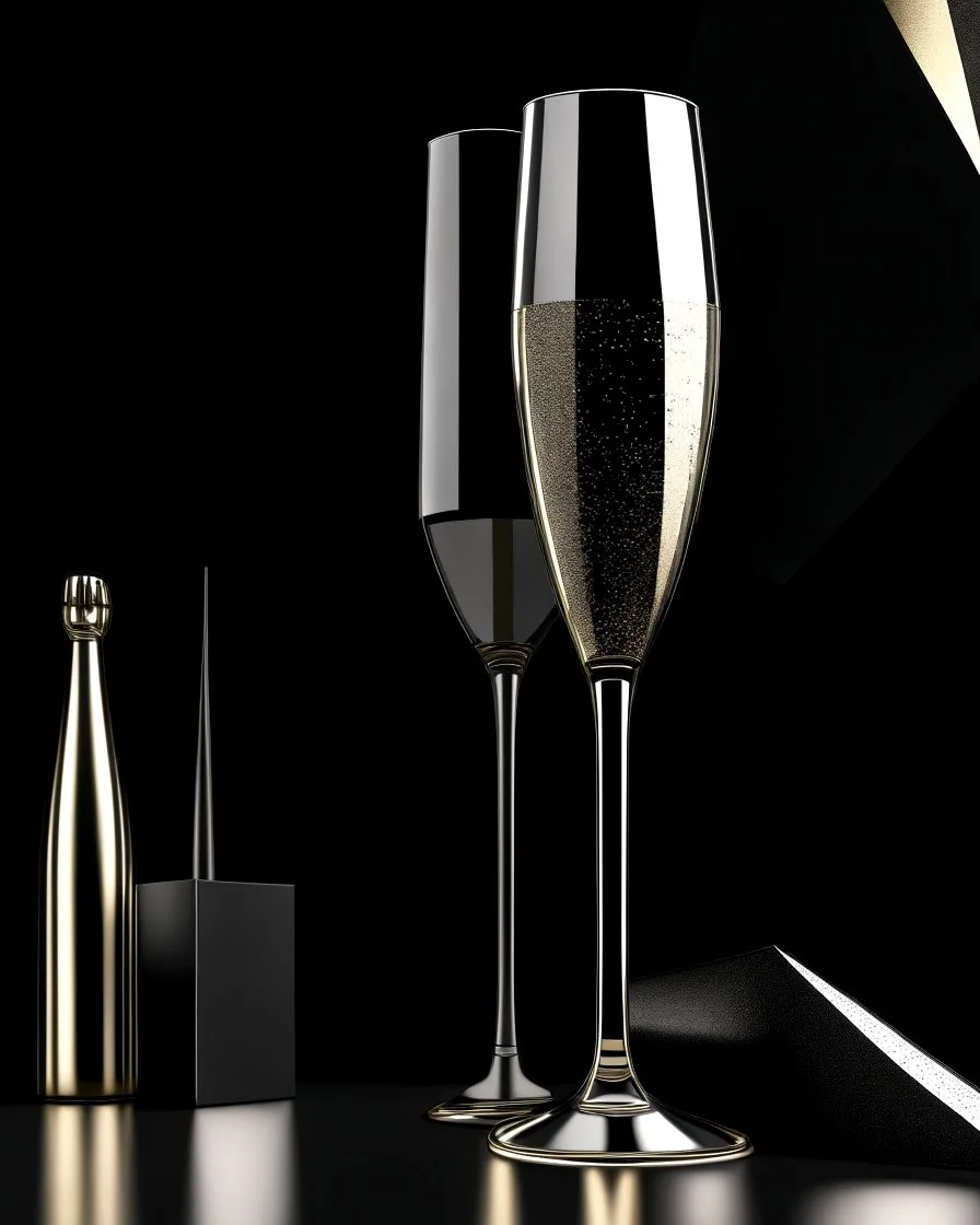 A sparkling glass of champagne, captured in a sleek and modern graphic design with metallic accents.