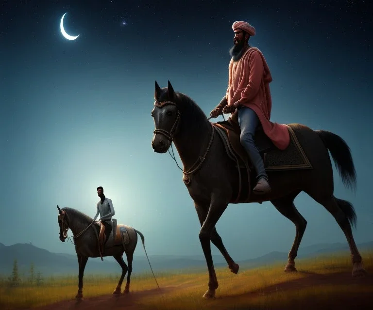 painting of a tall Muslim man riding a horse, at night woods, night stars