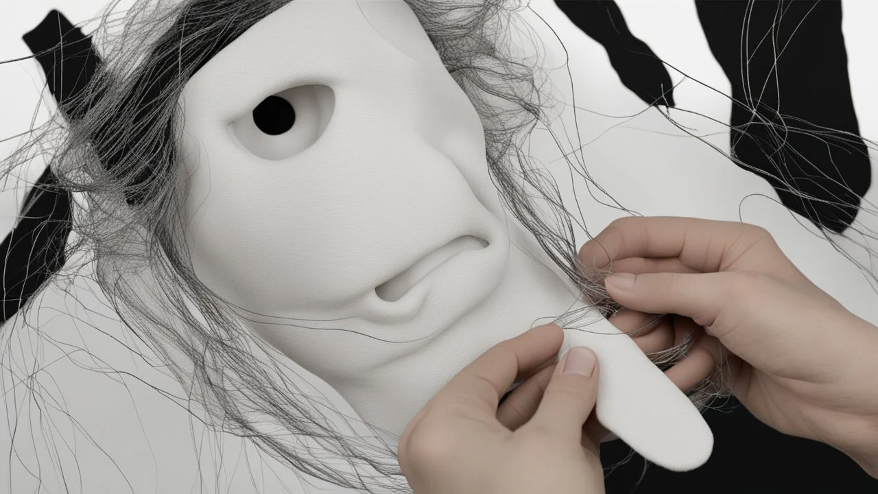 In the picture, a human hand is seen gripping the threads of a puppet. The hand is stark white, while the threads are dark black. The hand holds the threads firmly, suggesting control over the puppet. The puppet stands in the background, completely invisible. Only the black threads extending from the hand to the puppet are visible. This creates a sense of mystery and intrigue. The image is taken from a high angle, creating a dominant effect for the hand. This implies that the hand is powerful