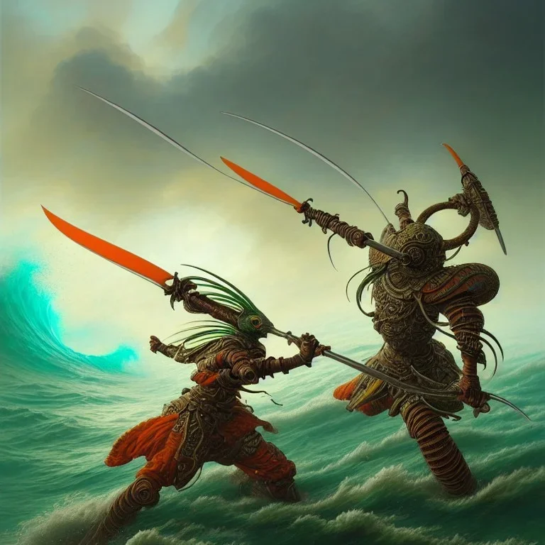 an ibis warrior in orange and green full battle armor, a highly detailed illustration, background of giant crashing ocean waves, realistic render, 8 k, micro detail, intricate, elegant, centered, digital painting, Artstation, smooth, sharp focus, illustration, artgerm, tomasz alen kopera, peter mohrbacher, donato giancola, joseph christian leyendecker, wlop, boris vallejo