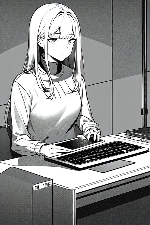 thin hacker girl use a laptop on a table sitting in a cafe, line arts, greyscale