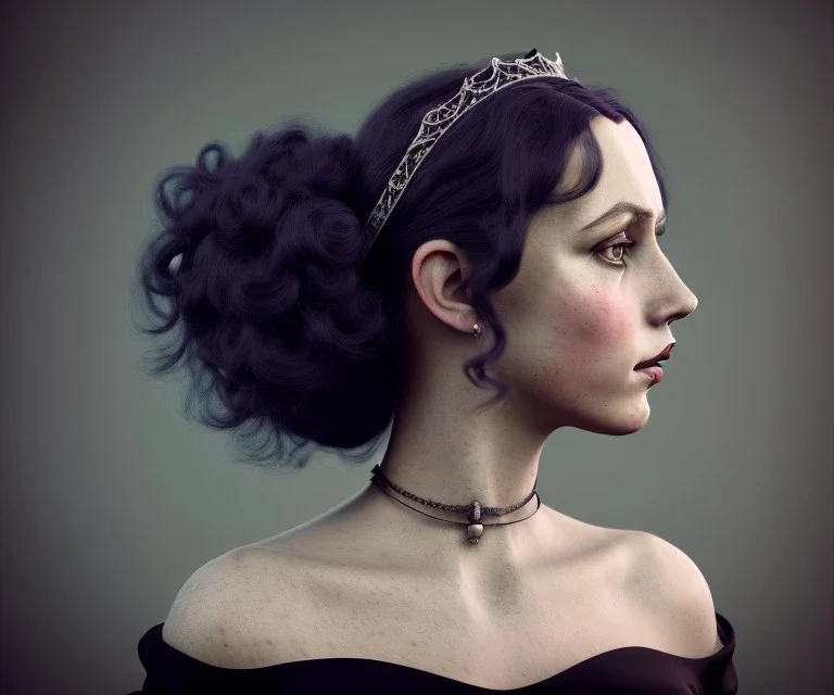 1800s, witch, victorian, portrait, choker, black curly hair, victorian dress, beautiful, silver tiara, hair headdress, elegant, put