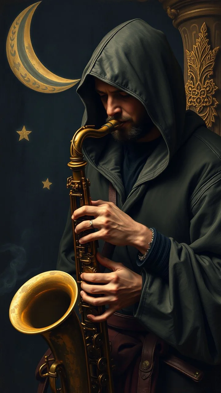 Hieronymus Bosch style , a hooded man playing the saxophone