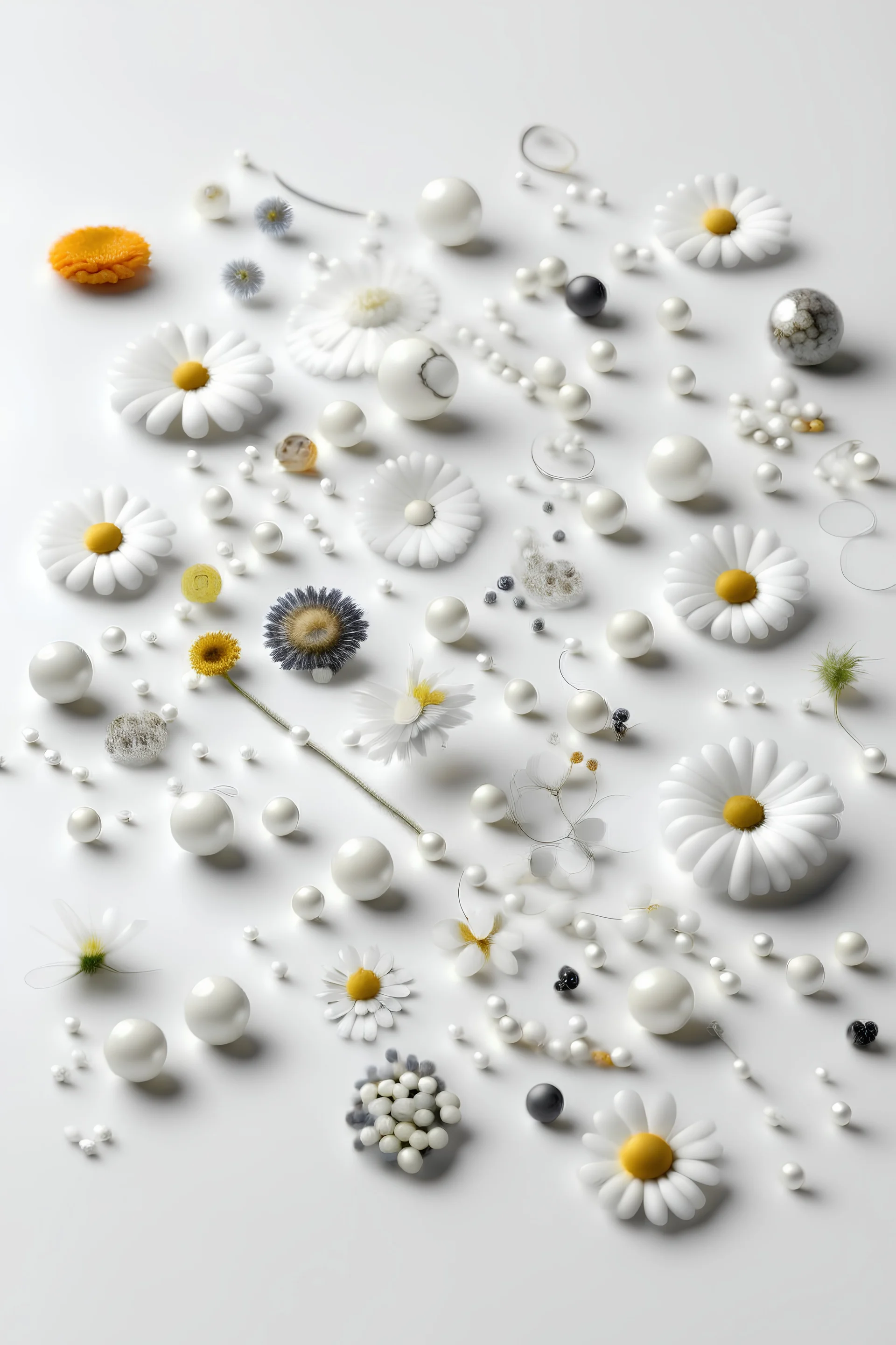 realistic white background, 10 objects spreaded in different places, small beads, small pendants, small flowers, empty middle