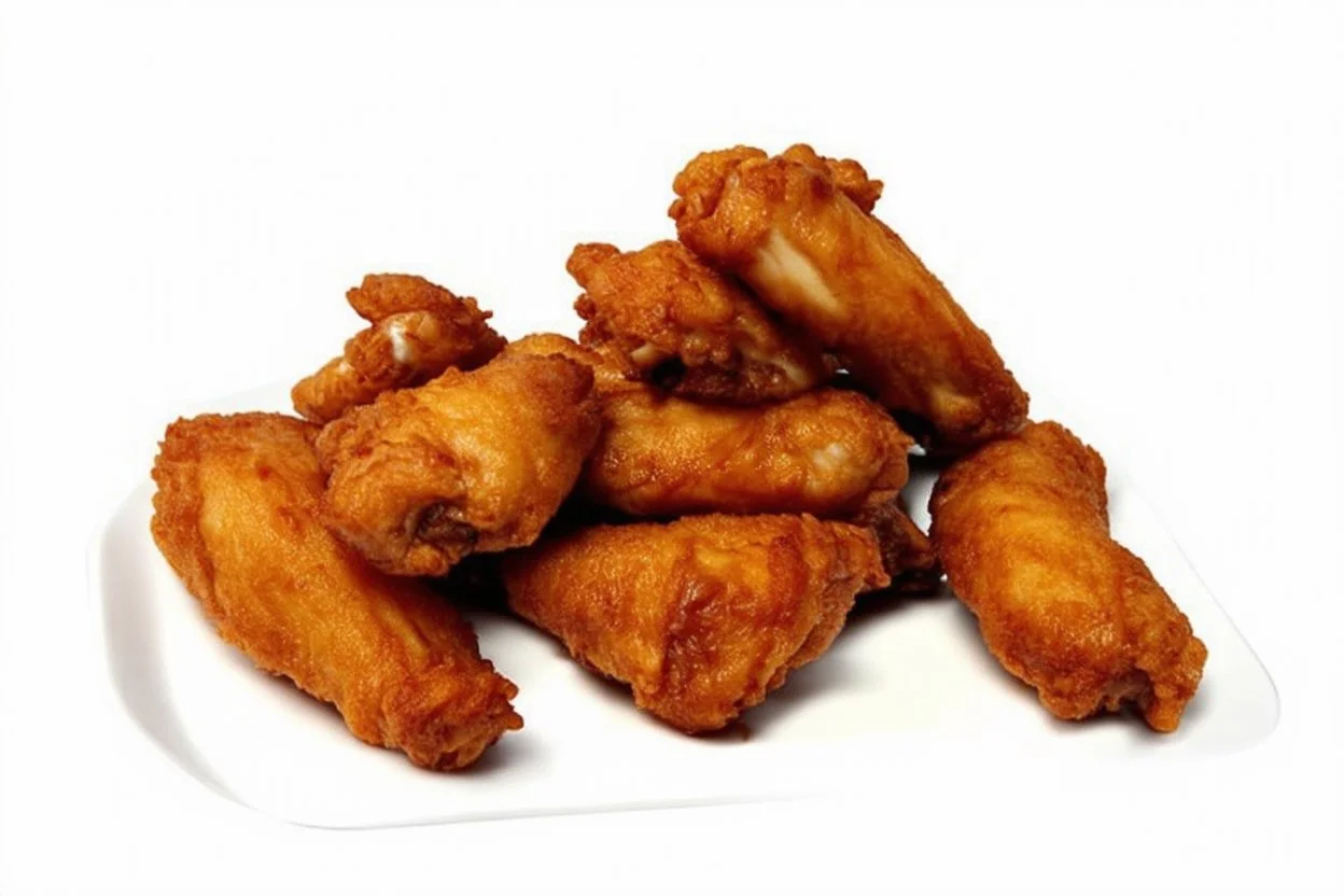 A cinematic shot of a full plate of Southern fried chicken wings. The wings are golden brown and crispy, with a few stacked on top of each other and the rest scattered across the plate. The background is a plain white surface. The lighting is warm and inviting.