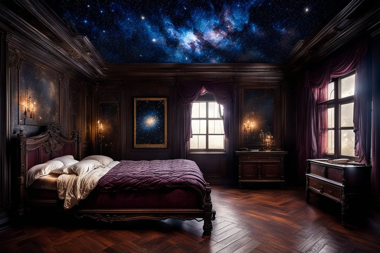 strange evening in vintage bedroom, deep dark colors, old wood floor, old antique bed, translucent walls, ceiling the galaxy with stars, etheral, mystic, stunning, cinematic